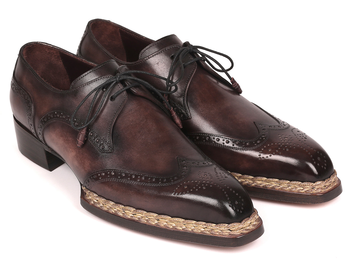 Paul Parkman Norwegian Welted Wingtip Derby Shoes in Bronze, showcasing hand-painted leather upper and elegant design.