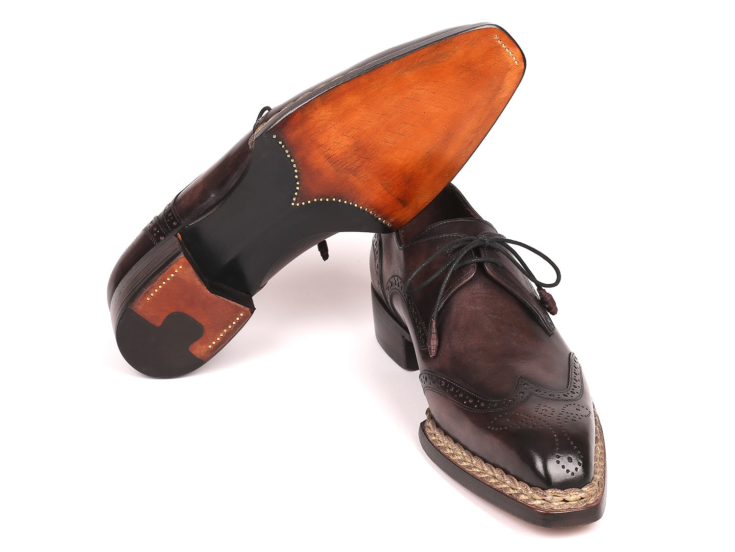 Paul Parkman Norwegian Welted Wingtip Derby Shoes in Bronze, showcasing hand-painted leather upper and elegant design.