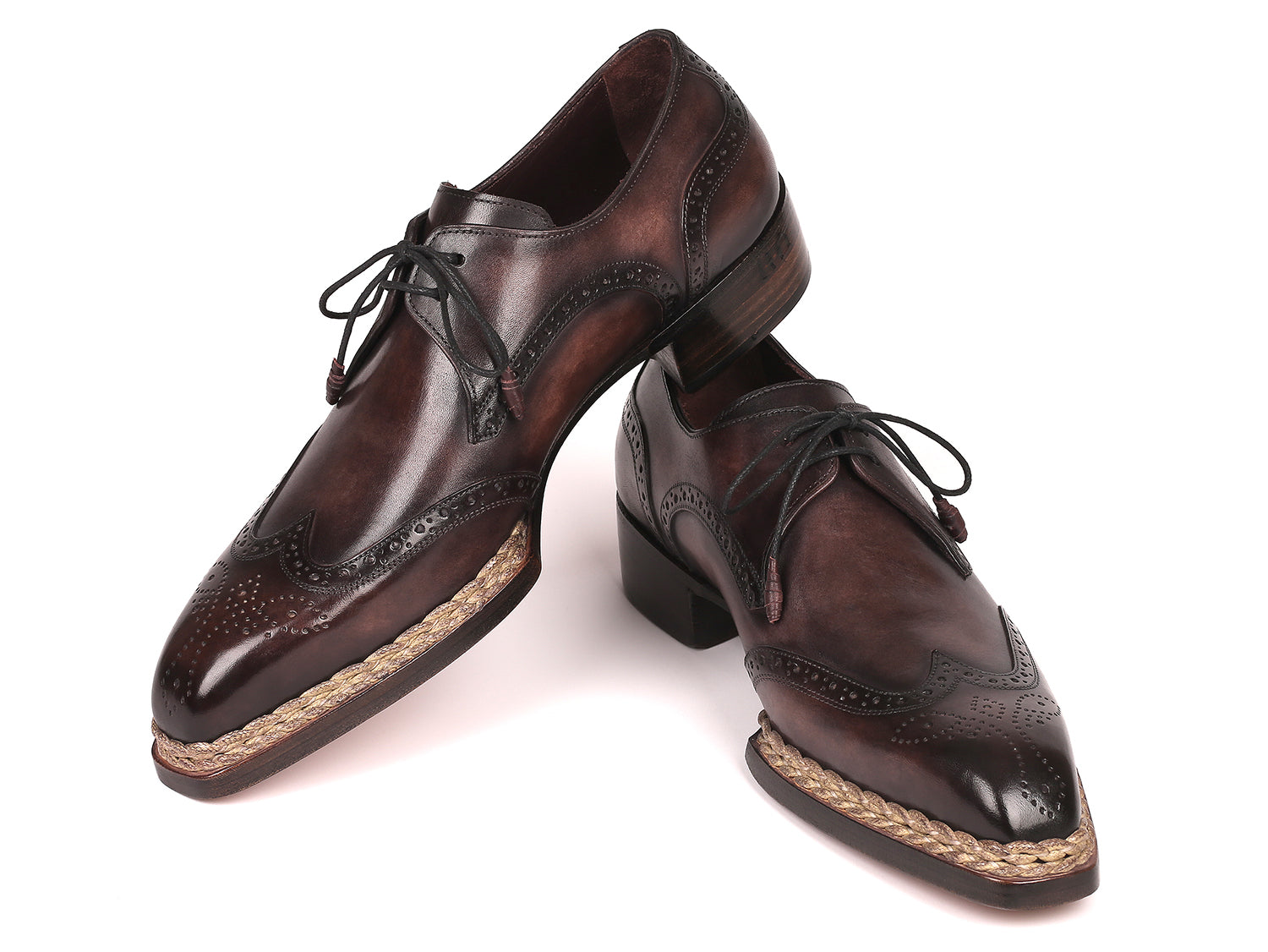 Paul Parkman Norwegian Welted Wingtip Derby Shoes in Bronze, showcasing hand-painted leather upper and elegant design.