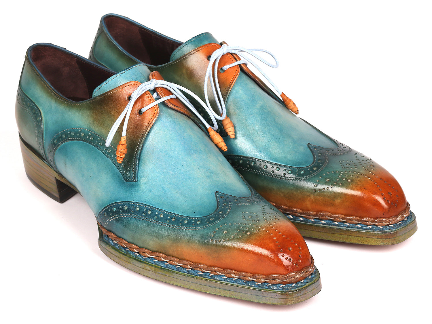 Paul Parkman Norwegian Welted Wingtip Derby Shoes in Turquoise and Tobacco, showcasing hand-painted leather and elegant wingtip design.