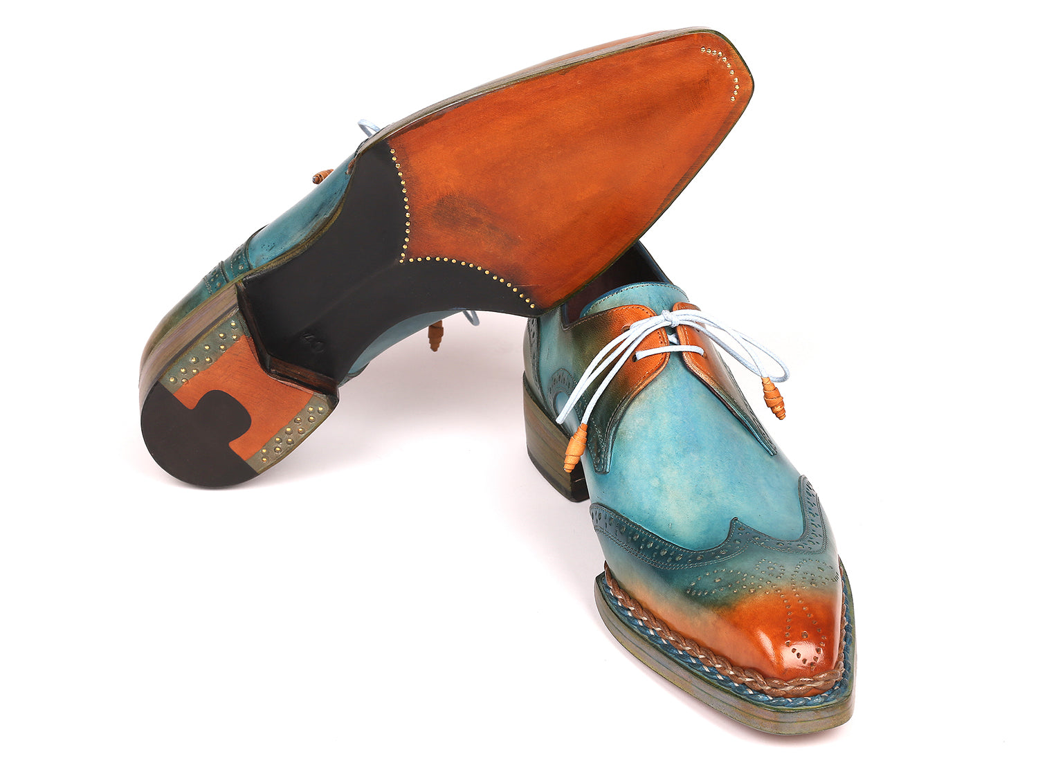 Paul Parkman Norwegian Welted Wingtip Derby Shoes in Turquoise and Tobacco, showcasing hand-painted leather and elegant wingtip design.