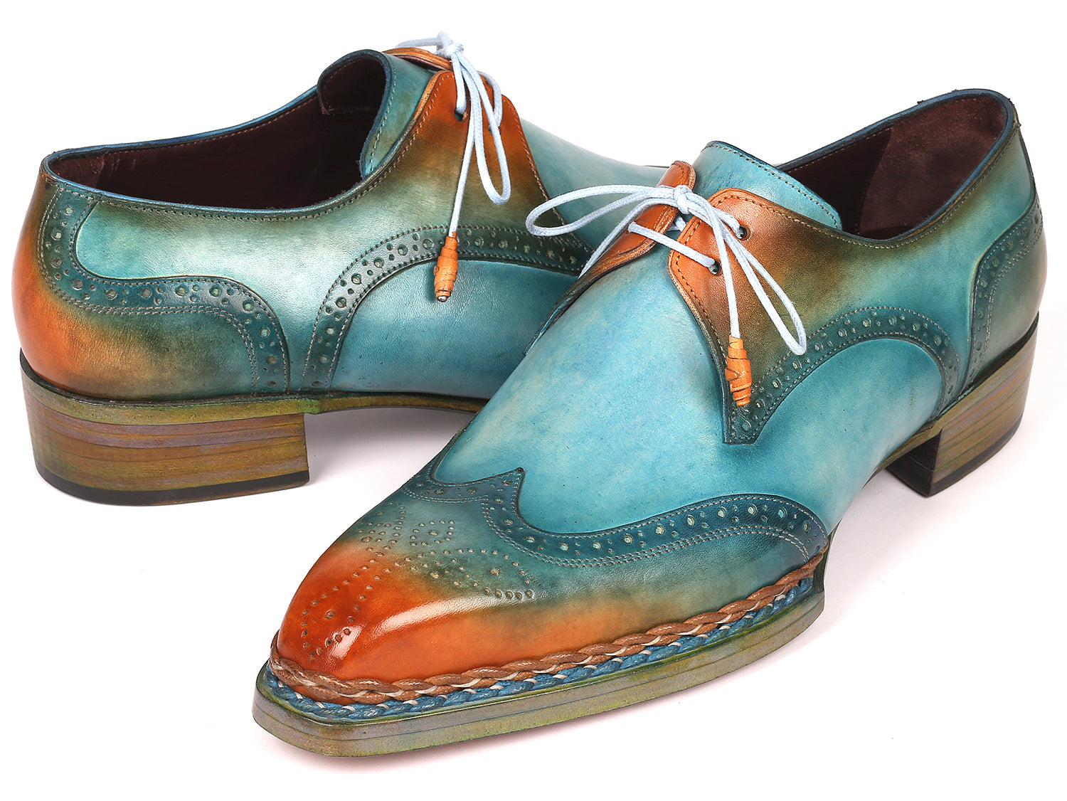 Paul Parkman Norwegian Welted Wingtip Derby Shoes in Turquoise and Tobacco, showcasing hand-painted leather and elegant wingtip design.