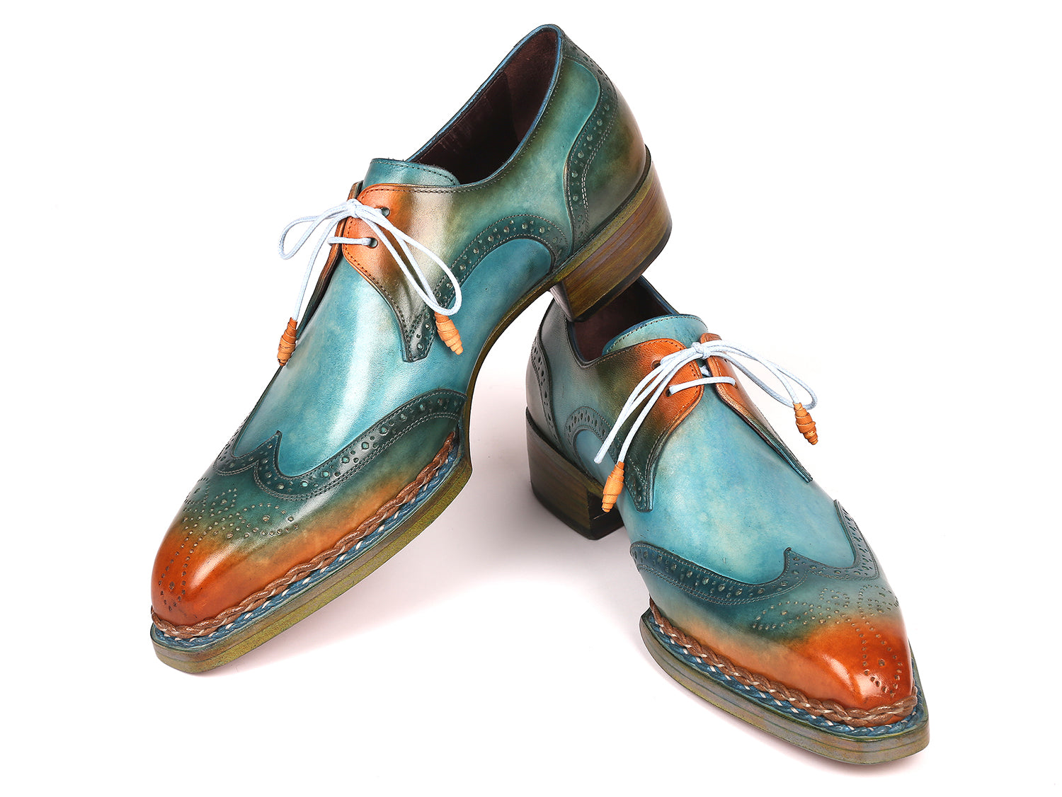 Paul Parkman Norwegian Welted Wingtip Derby Shoes in Turquoise and Tobacco, showcasing hand-painted leather and elegant wingtip design.