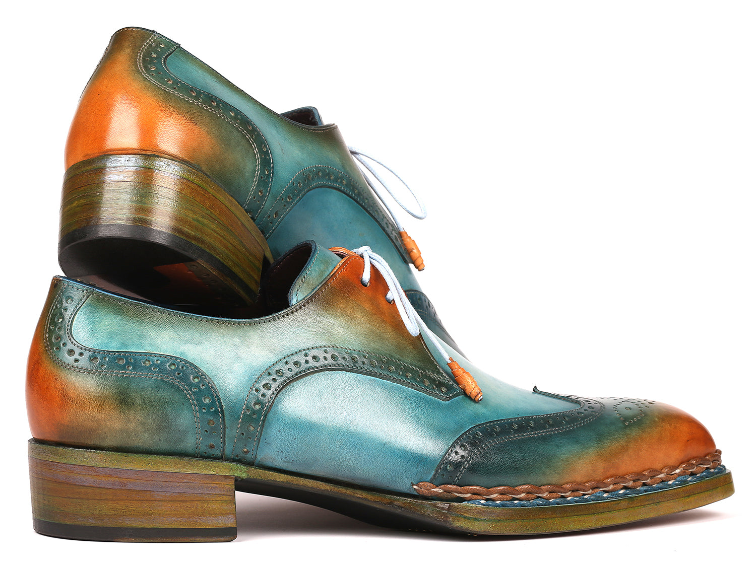 Paul Parkman Norwegian Welted Wingtip Derby Shoes in Turquoise and Tobacco, showcasing hand-painted leather and elegant wingtip design.