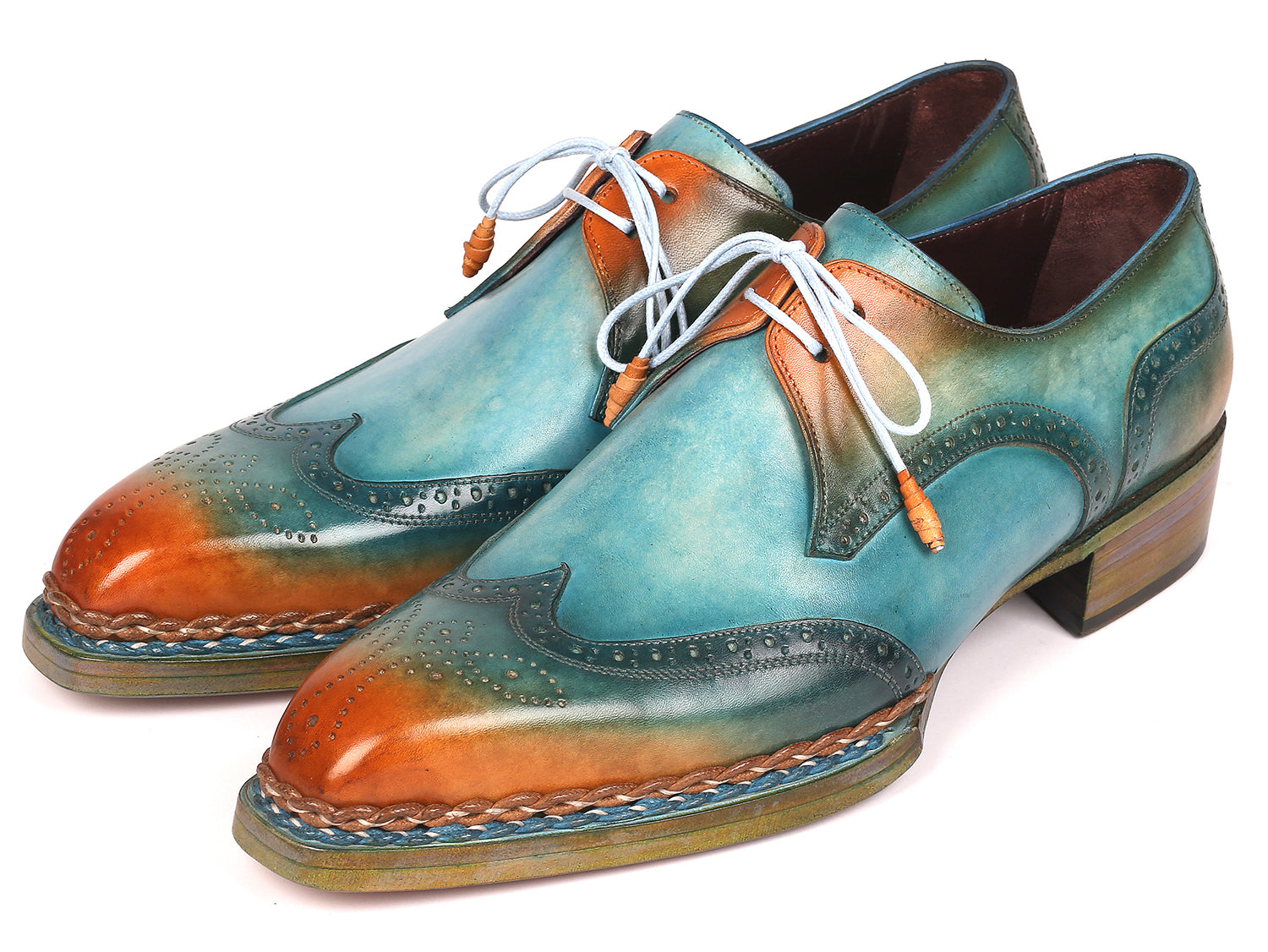 Paul Parkman Norwegian Welted Wingtip Derby Shoes in Turquoise and Tobacco, showcasing hand-painted leather and elegant wingtip design.