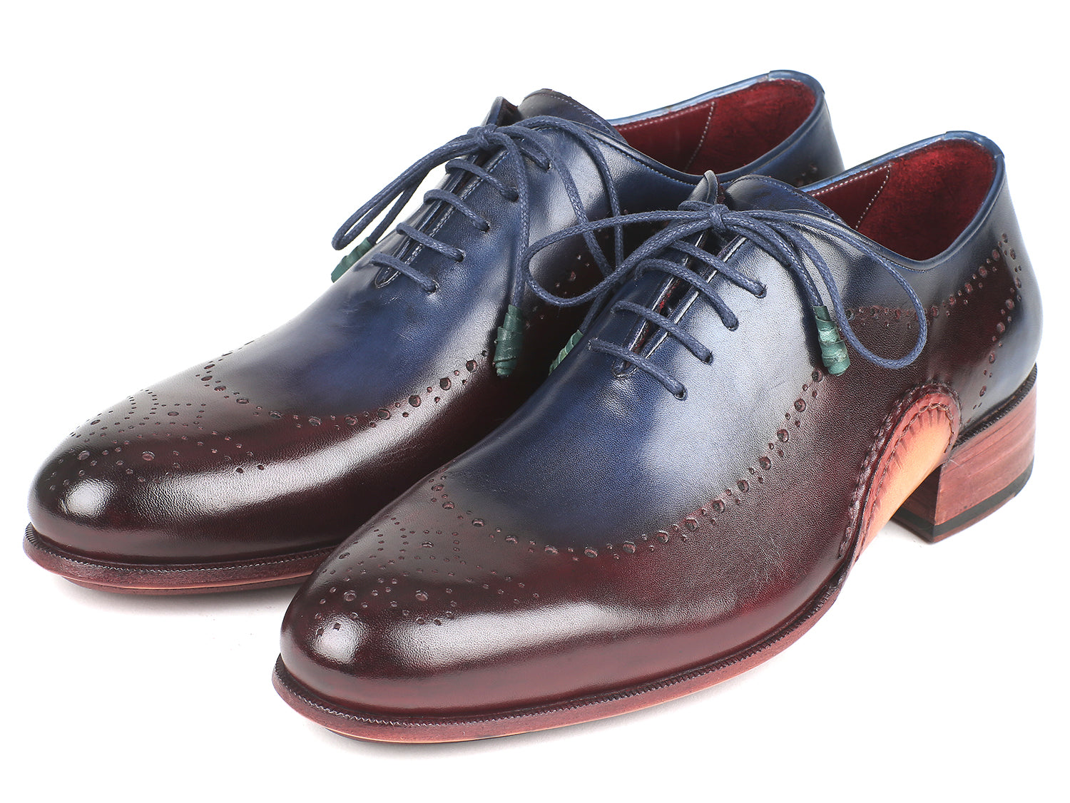 Paul Parkman Opanka Construction Blue and Bordeaux Oxfords showcasing hand-painted leather and twisted leather sole.