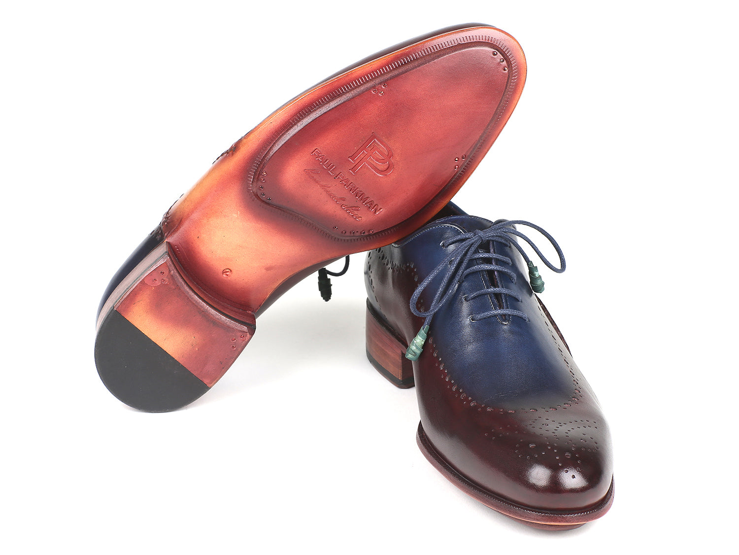 Paul Parkman Opanka Construction Blue and Bordeaux Oxfords showcasing hand-painted leather and twisted leather sole.