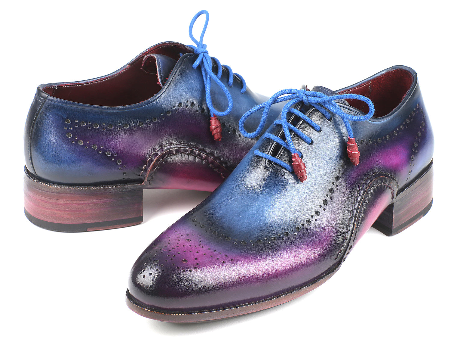 Paul Parkman Opanka Construction Blue & Purple Oxfords showcasing hand-painted leather and twisted leather sole.