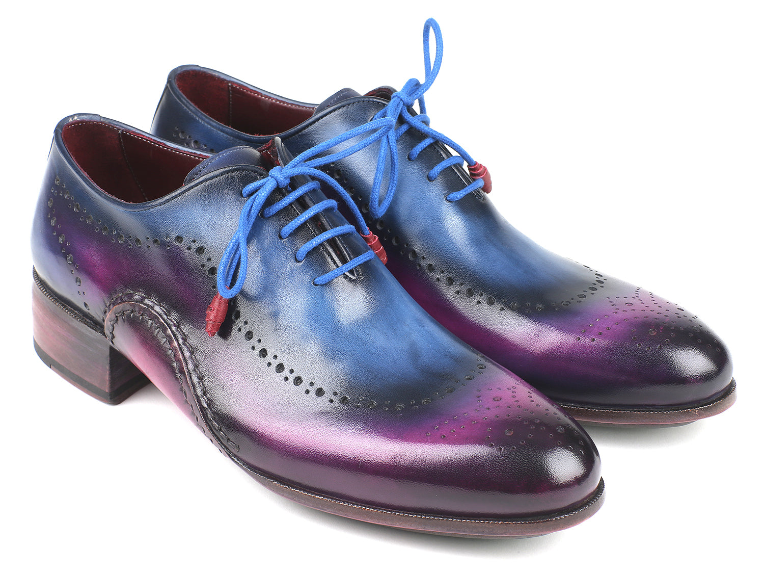 Paul Parkman Opanka Construction Blue & Purple Oxfords showcasing hand-painted leather and twisted leather sole.