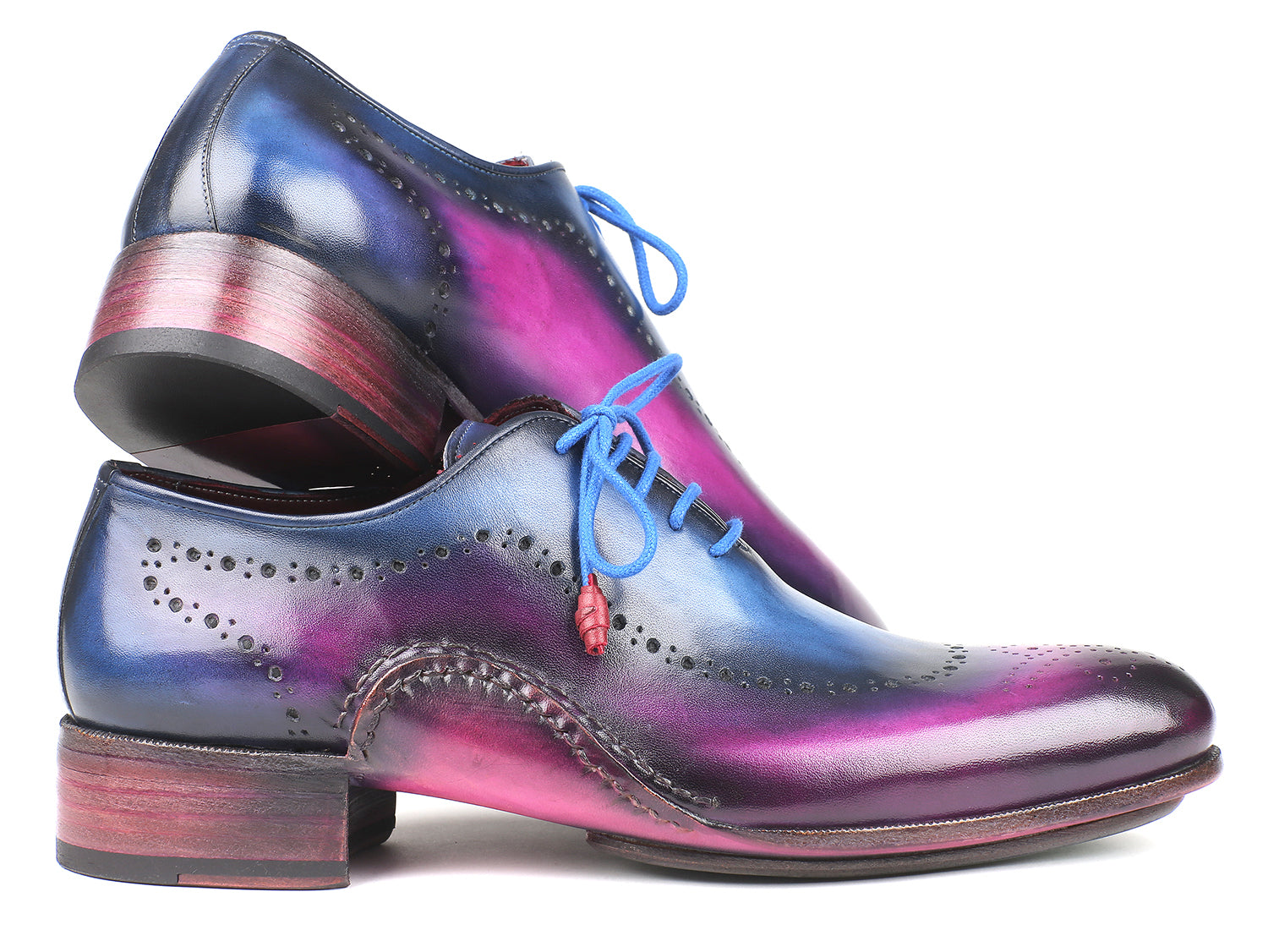 Paul Parkman Opanka Construction Blue & Purple Oxfords showcasing hand-painted leather and twisted leather sole.