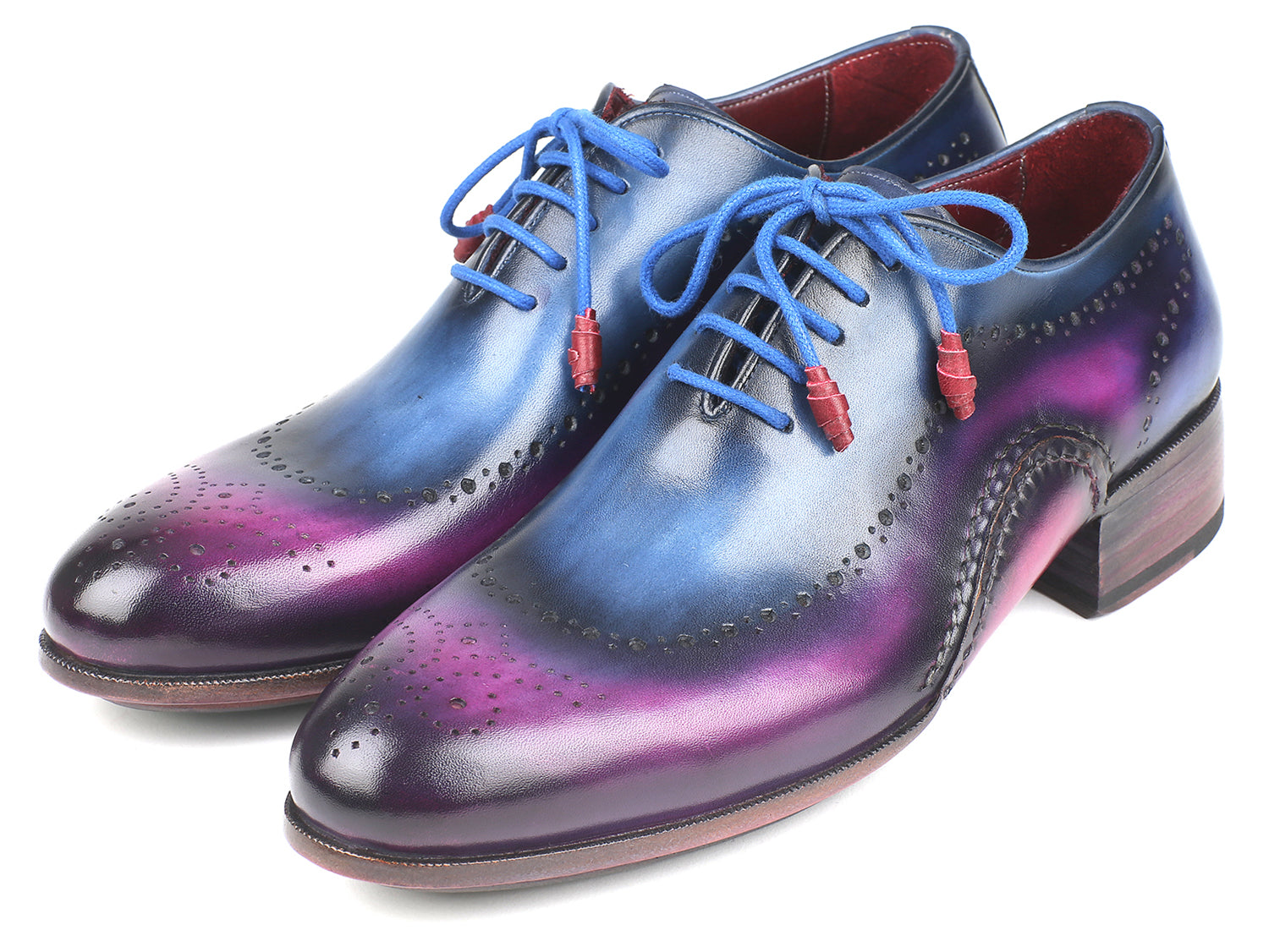 Paul Parkman Opanka Construction Blue & Purple Oxfords showcasing hand-painted leather and twisted leather sole.