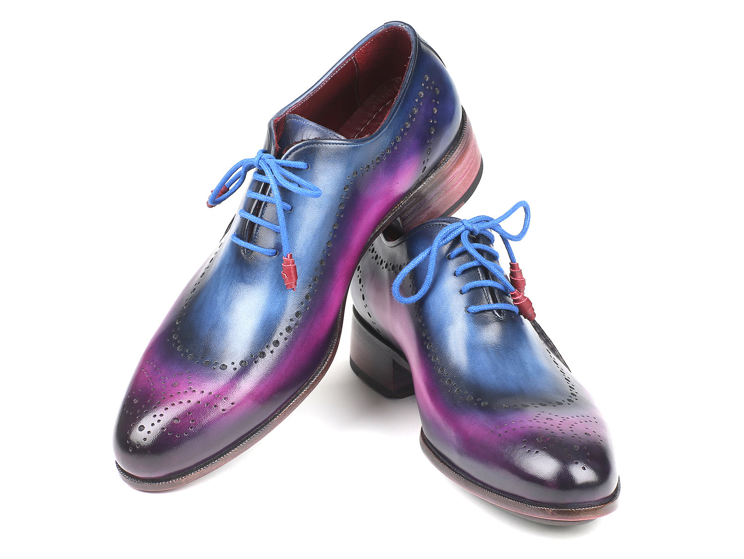 Paul Parkman Opanka Construction Blue & Purple Oxfords showcasing hand-painted leather and twisted leather sole.