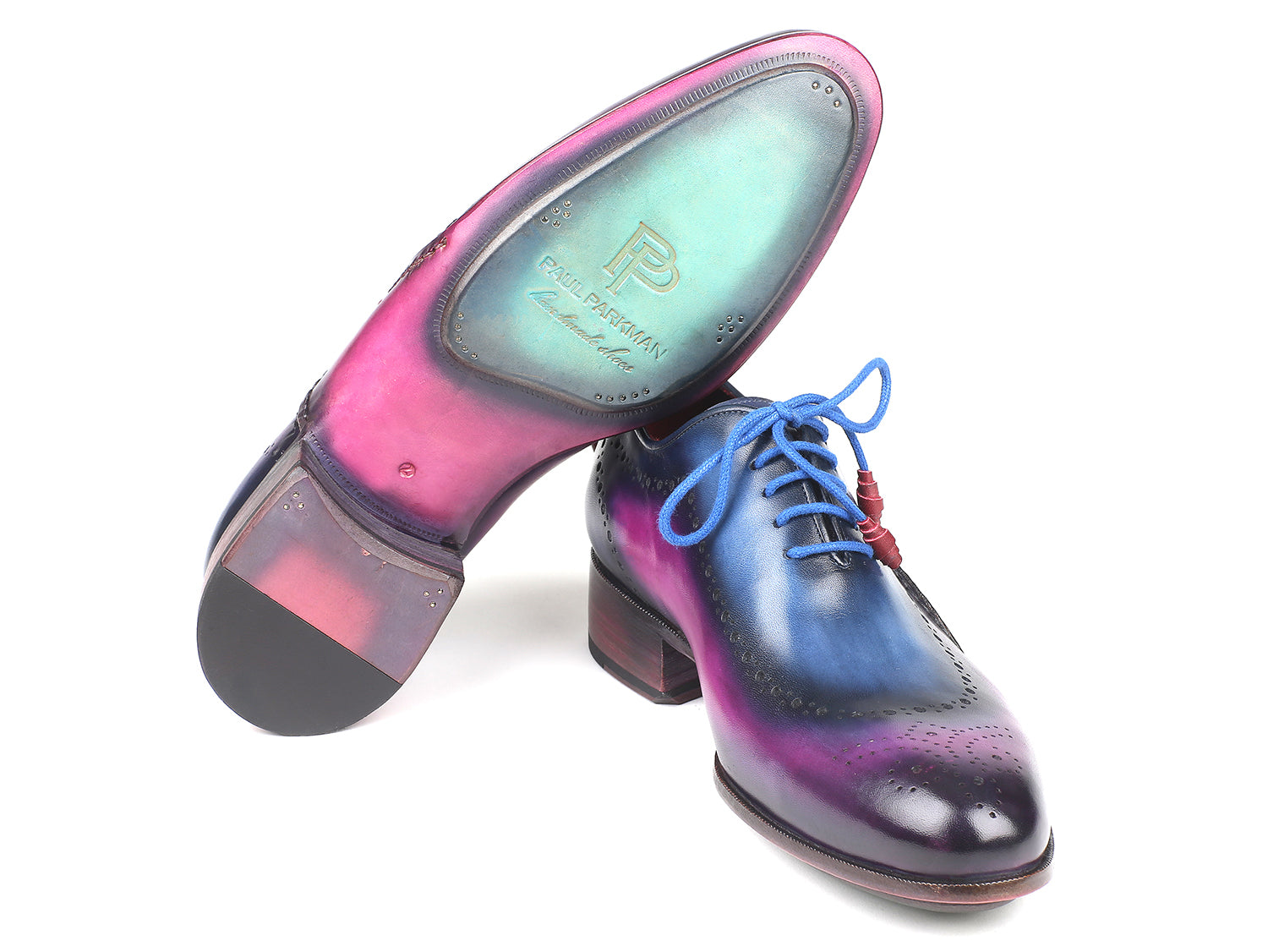 Paul Parkman Opanka Construction Blue & Purple Oxfords showcasing hand-painted leather and twisted leather sole.