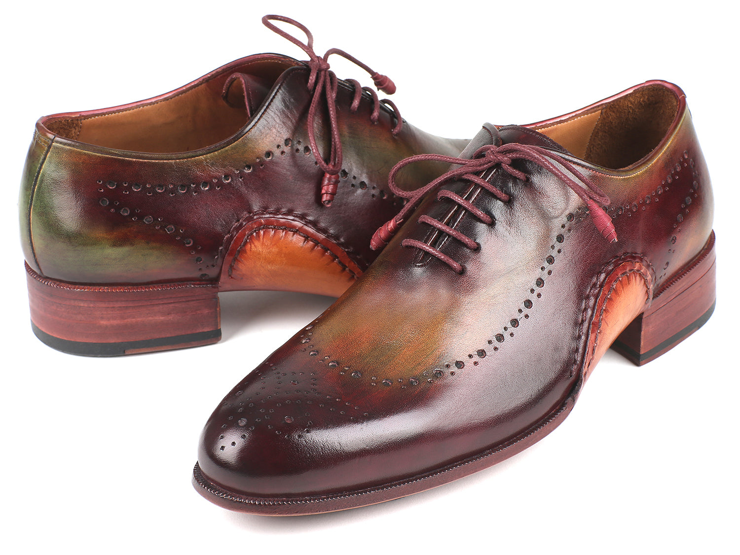 Paul Parkman Opanka Construction Green & Bordeaux Oxfords showcasing hand-painted leather and twisted leather sole.