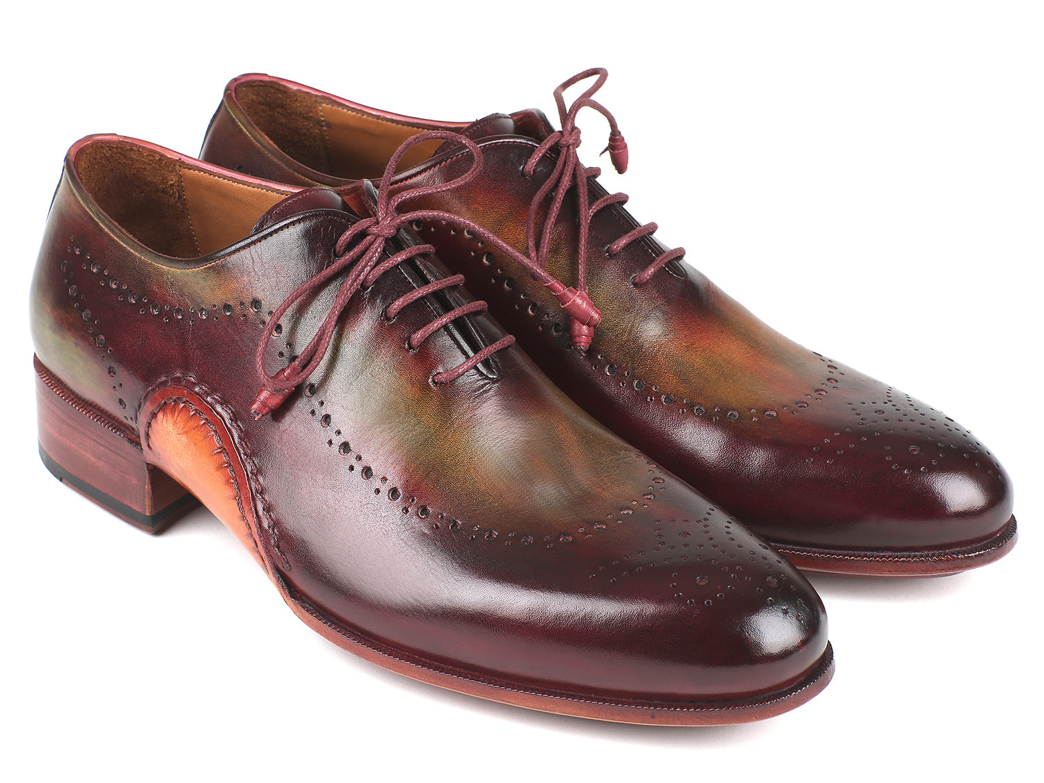 Paul Parkman Opanka Construction Green & Bordeaux Oxfords showcasing hand-painted leather and twisted leather sole.