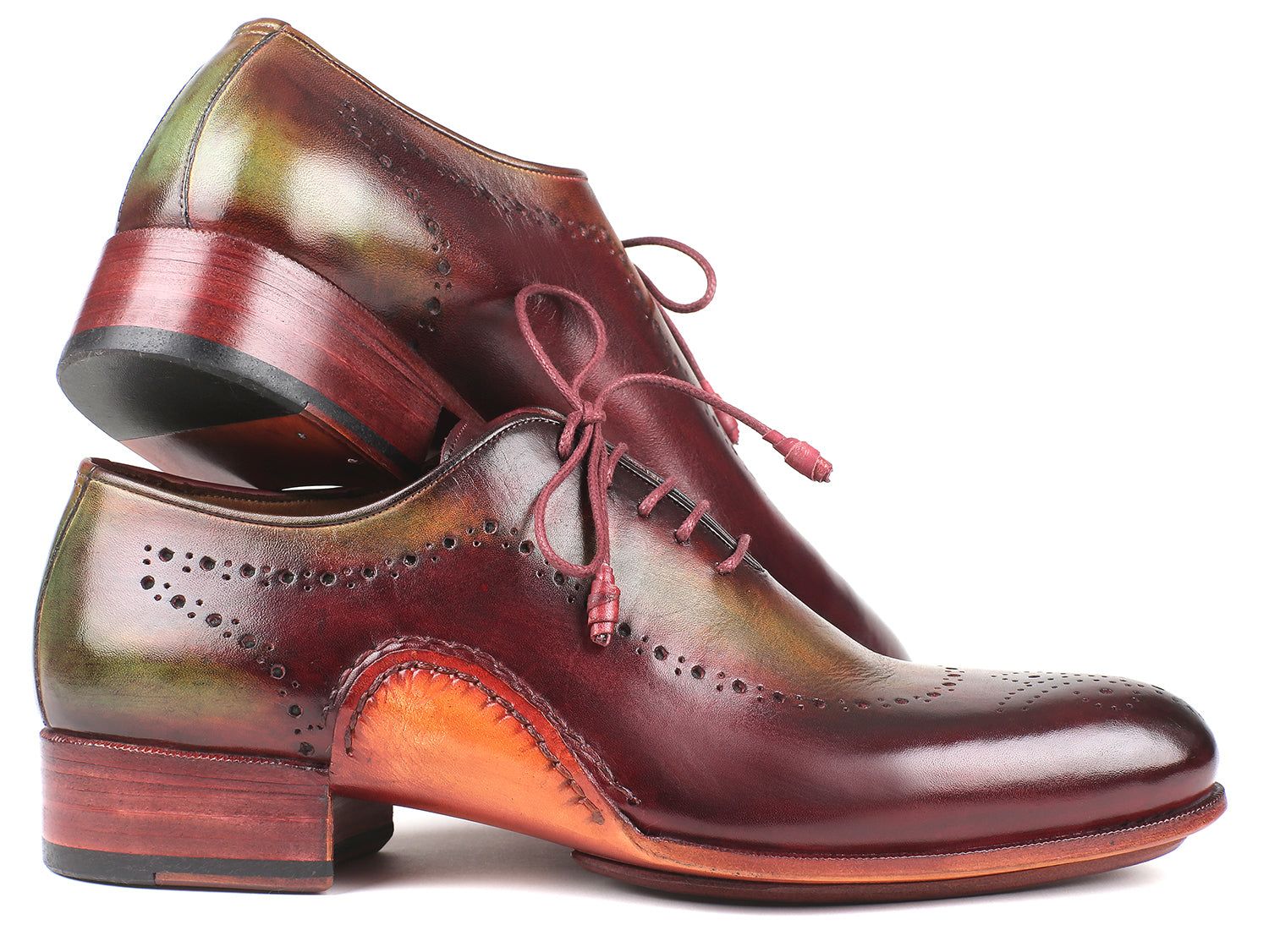 Paul Parkman Opanka Construction Green & Bordeaux Oxfords showcasing hand-painted leather and twisted leather sole.