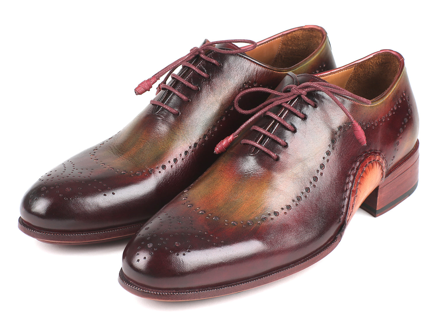 Paul Parkman Opanka Construction Green & Bordeaux Oxfords showcasing hand-painted leather and twisted leather sole.