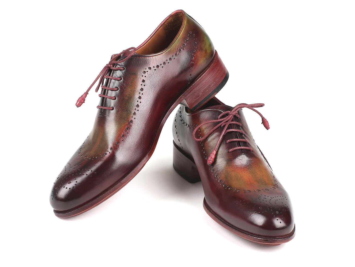 Paul Parkman Opanka Construction Green & Bordeaux Oxfords showcasing hand-painted leather and twisted leather sole.