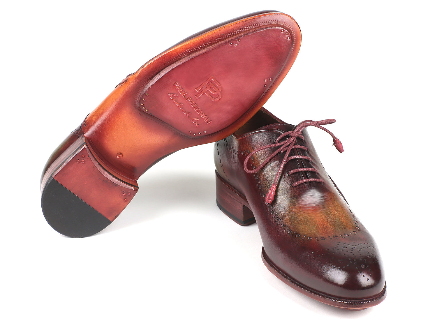 Paul Parkman Opanka Construction Green & Bordeaux Oxfords showcasing hand-painted leather and twisted leather sole.