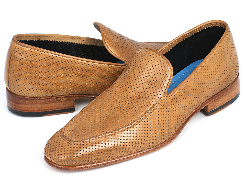 Paul Parkman Perforated Leather Loafers in Beige with unique hand-painted finish and perforated design, showcasing a stylish slip-on style.