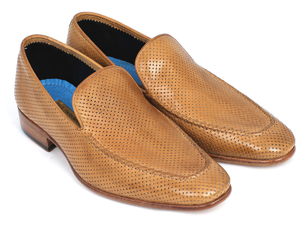 Paul Parkman Perforated Leather Loafers in Beige with unique hand-painted finish and perforated design, showcasing a stylish slip-on style.