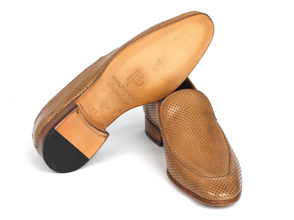 Paul Parkman Perforated Leather Loafers in Beige with unique hand-painted finish and perforated design, showcasing a stylish slip-on style.