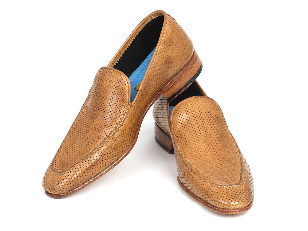 Paul Parkman Perforated Leather Loafers in Beige with unique hand-painted finish and perforated design, showcasing a stylish slip-on style.