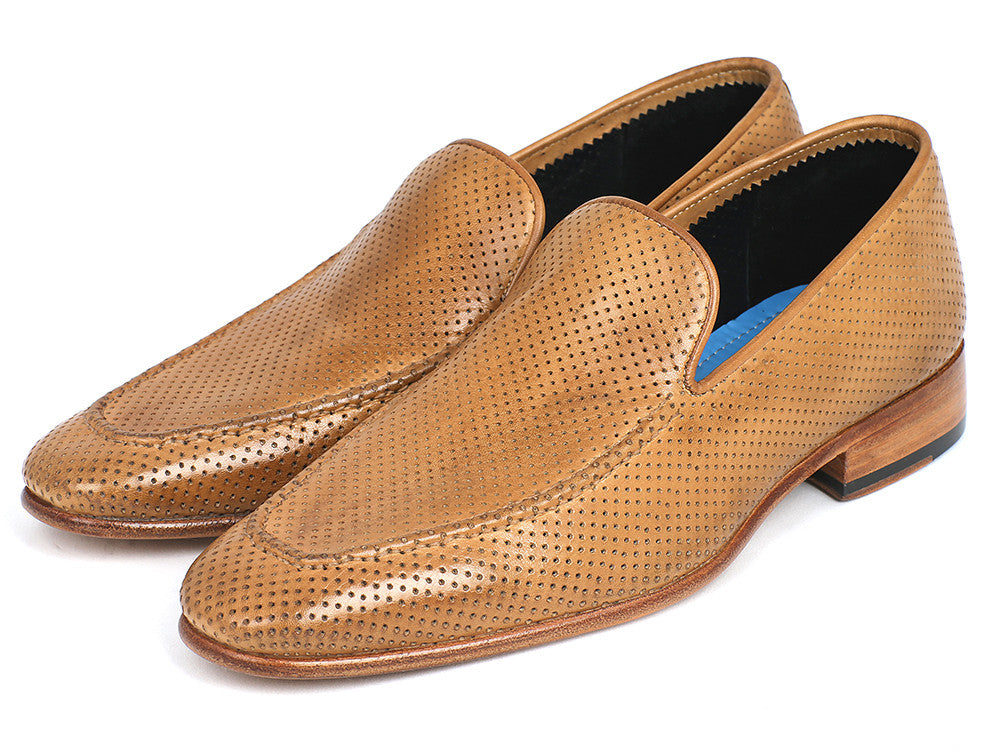 Paul Parkman Perforated Leather Loafers in Beige with unique hand-painted finish and perforated design, showcasing a stylish slip-on style.