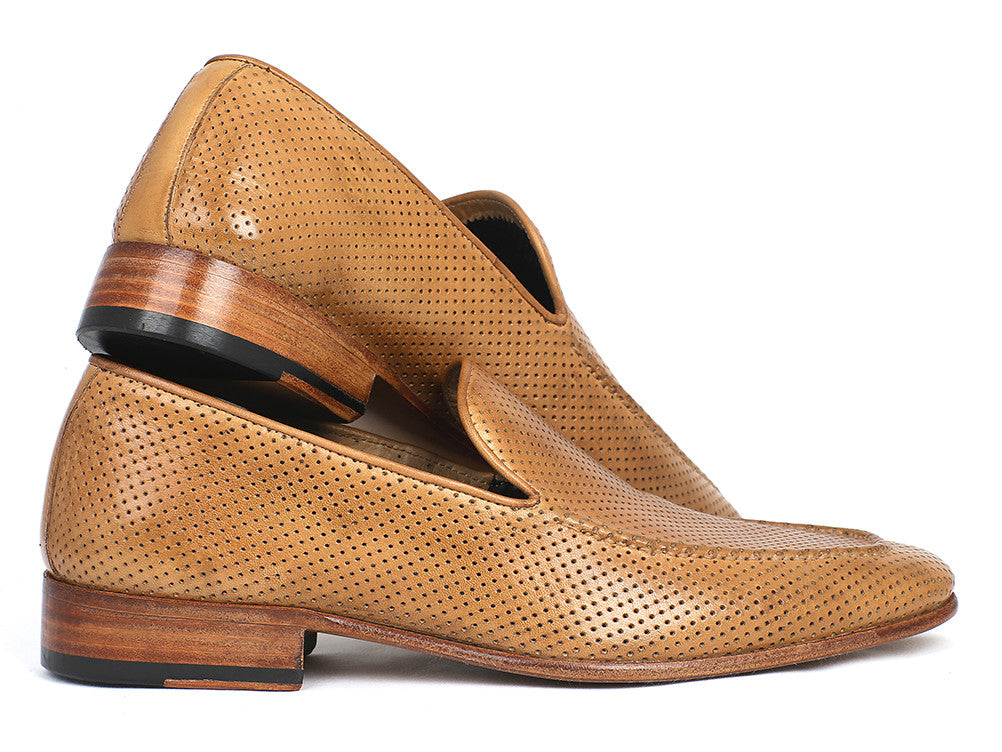 Paul Parkman Perforated Leather Loafers in Beige with unique hand-painted finish and perforated design, showcasing a stylish slip-on style.