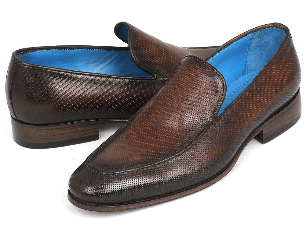 Paul Parkman Perforated Leather Loafers in Brown with unique hand-painted patina and perforated design, showcasing a stylish slip-on style.