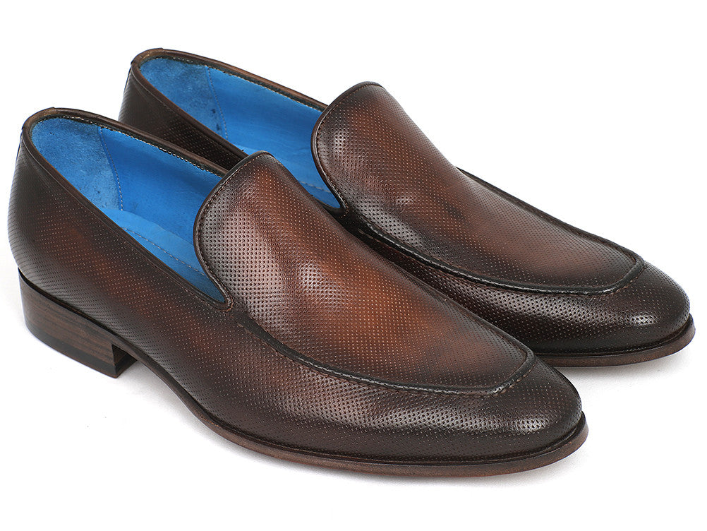 Paul Parkman Perforated Leather Loafers in Brown with unique hand-painted patina and perforated design, showcasing a stylish slip-on style.