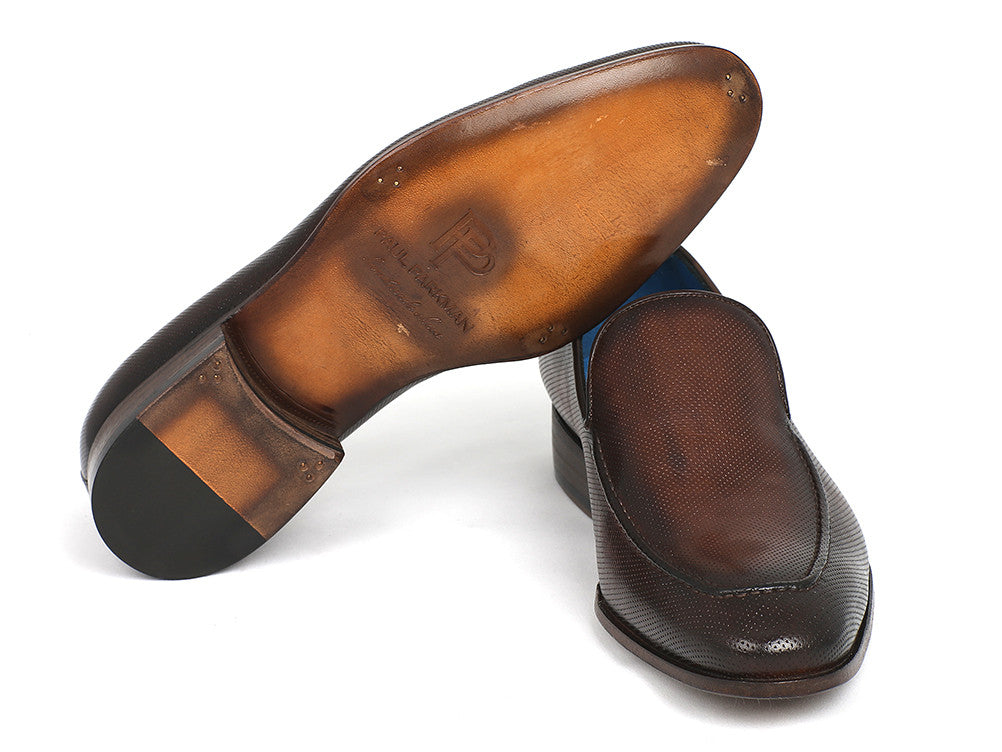 Paul Parkman Perforated Leather Loafers in Brown with unique hand-painted patina and perforated design, showcasing a stylish slip-on style.