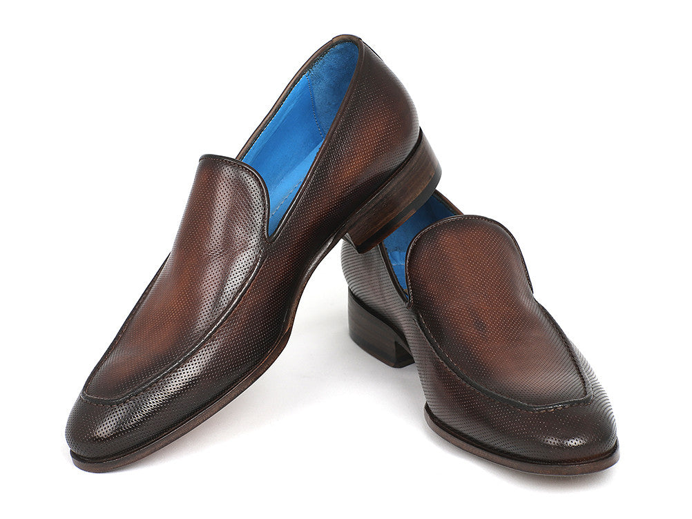 Paul Parkman Perforated Leather Loafers in Brown with unique hand-painted patina and perforated design, showcasing a stylish slip-on style.