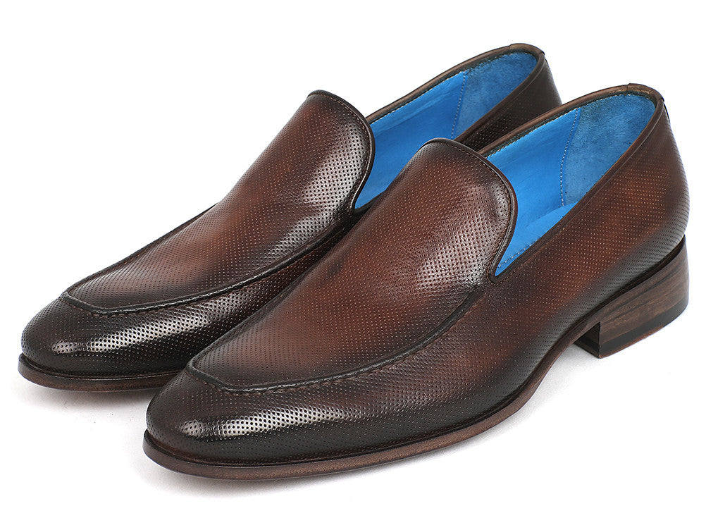 Paul Parkman Perforated Leather Loafers in Brown with unique hand-painted patina and perforated design, showcasing a stylish slip-on style.