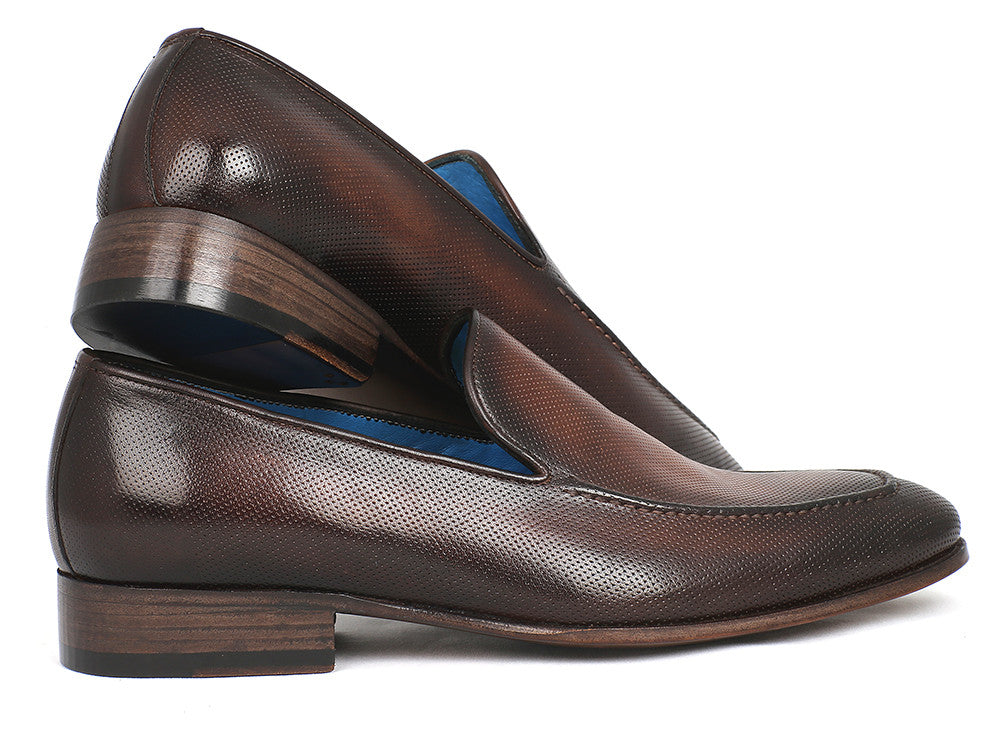 Paul Parkman Perforated Leather Loafers in Brown with unique hand-painted patina and perforated design, showcasing a stylish slip-on style.