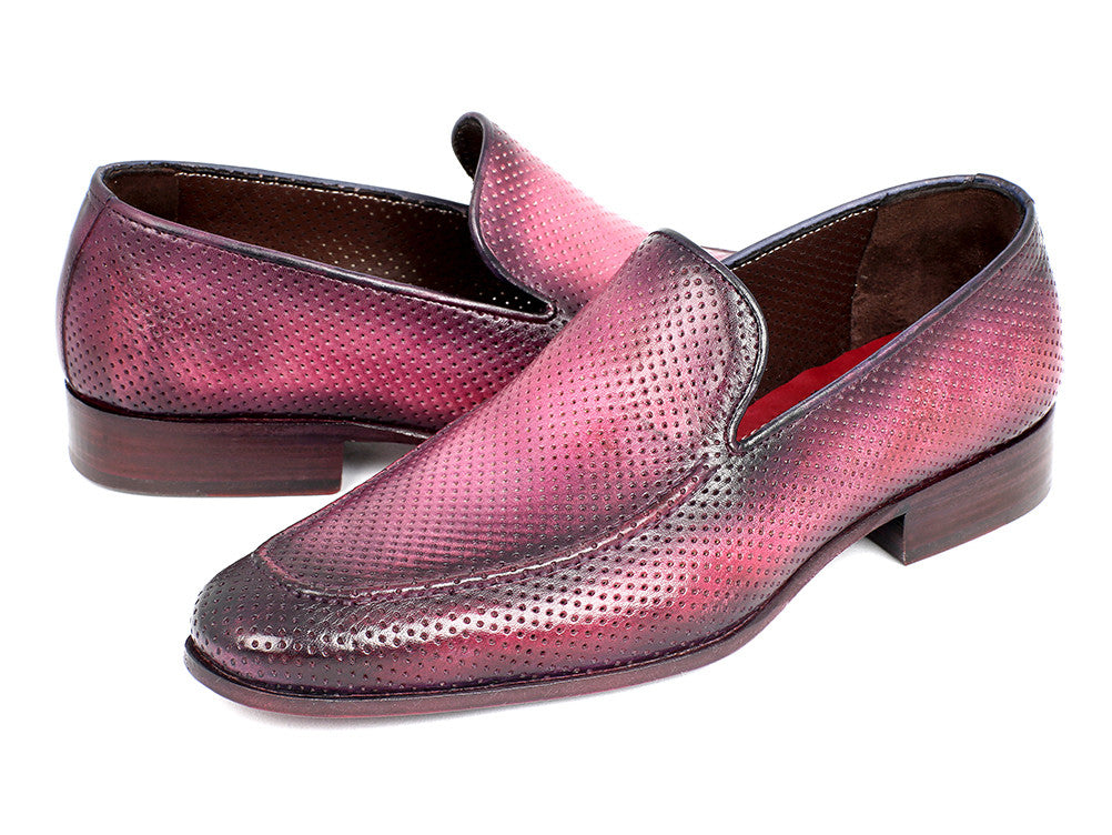 Paul Parkman Perforated Leather Loafers in Purple with unique hand-painted finish and perforated design.