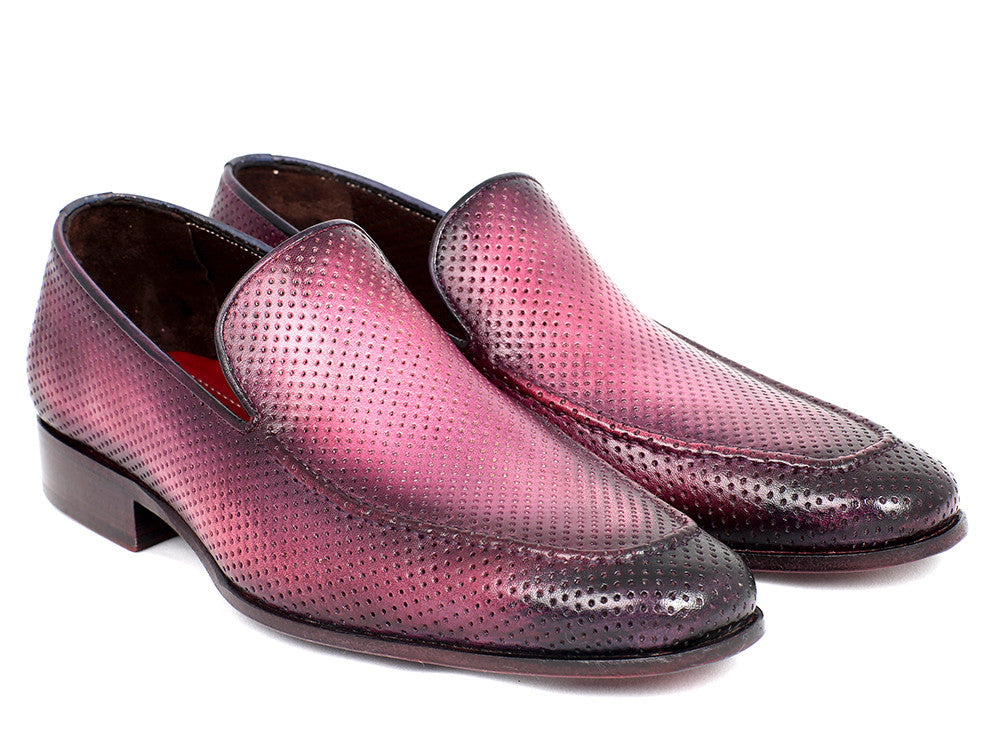 Paul Parkman Perforated Leather Loafers in Purple with unique hand-painted finish and perforated design.