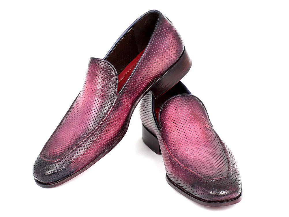 Paul Parkman Perforated Leather Loafers in Purple with unique hand-painted finish and perforated design.