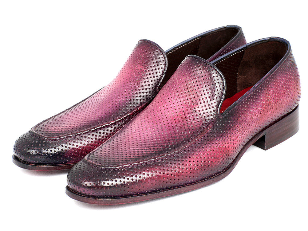 Paul Parkman Perforated Leather Loafers in Purple with unique hand-painted finish and perforated design.