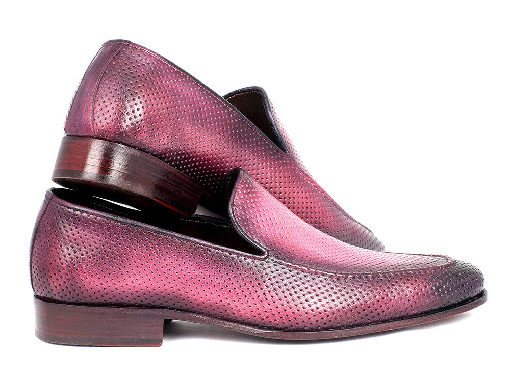 Paul Parkman Perforated Leather Loafers in Purple with unique hand-painted finish and perforated design.