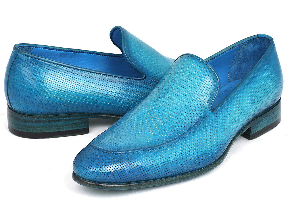 Paul Parkman Perforated Leather Loafers in vibrant turquoise with a soft leather upper and natural leather sole.