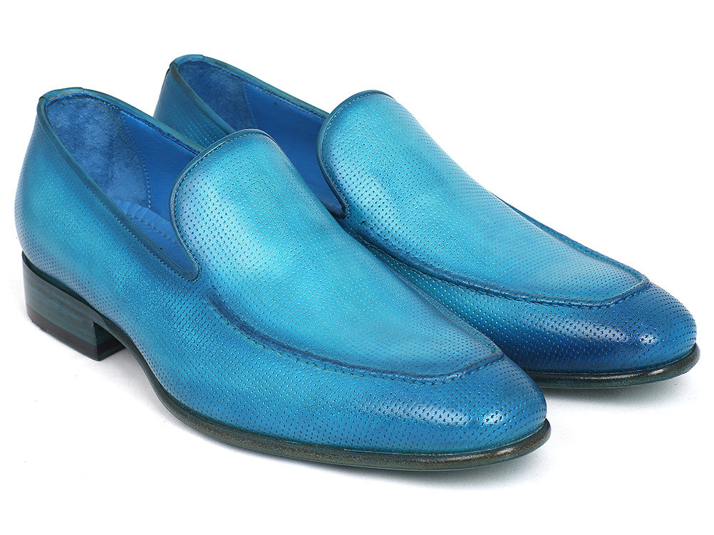 Paul Parkman Perforated Leather Loafers in vibrant turquoise with a soft leather upper and natural leather sole.