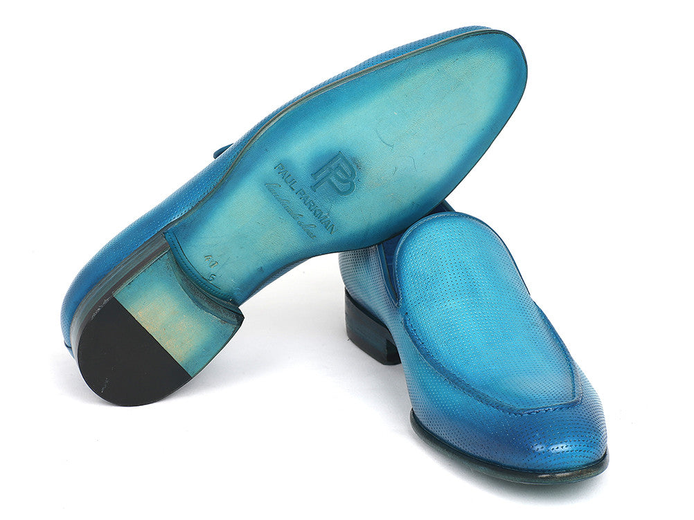 Paul Parkman Perforated Leather Loafers in vibrant turquoise with a soft leather upper and natural leather sole.