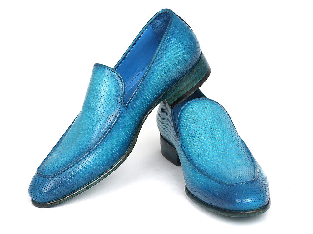 Paul Parkman Perforated Leather Loafers in vibrant turquoise with a soft leather upper and natural leather sole.