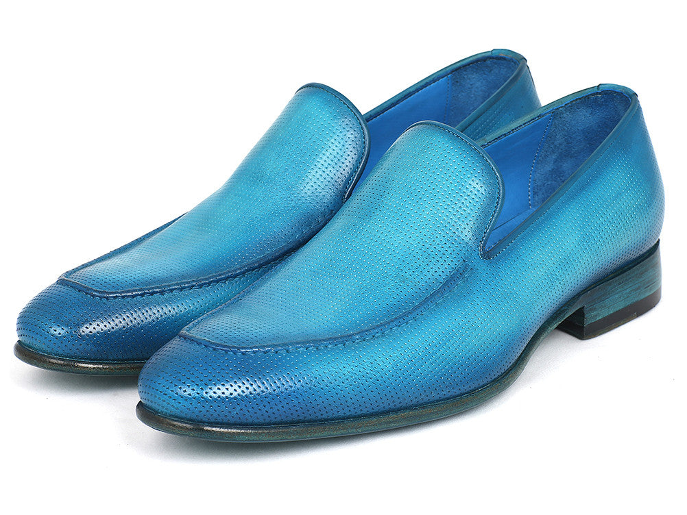 Paul Parkman Perforated Leather Loafers in vibrant turquoise with a soft leather upper and natural leather sole.