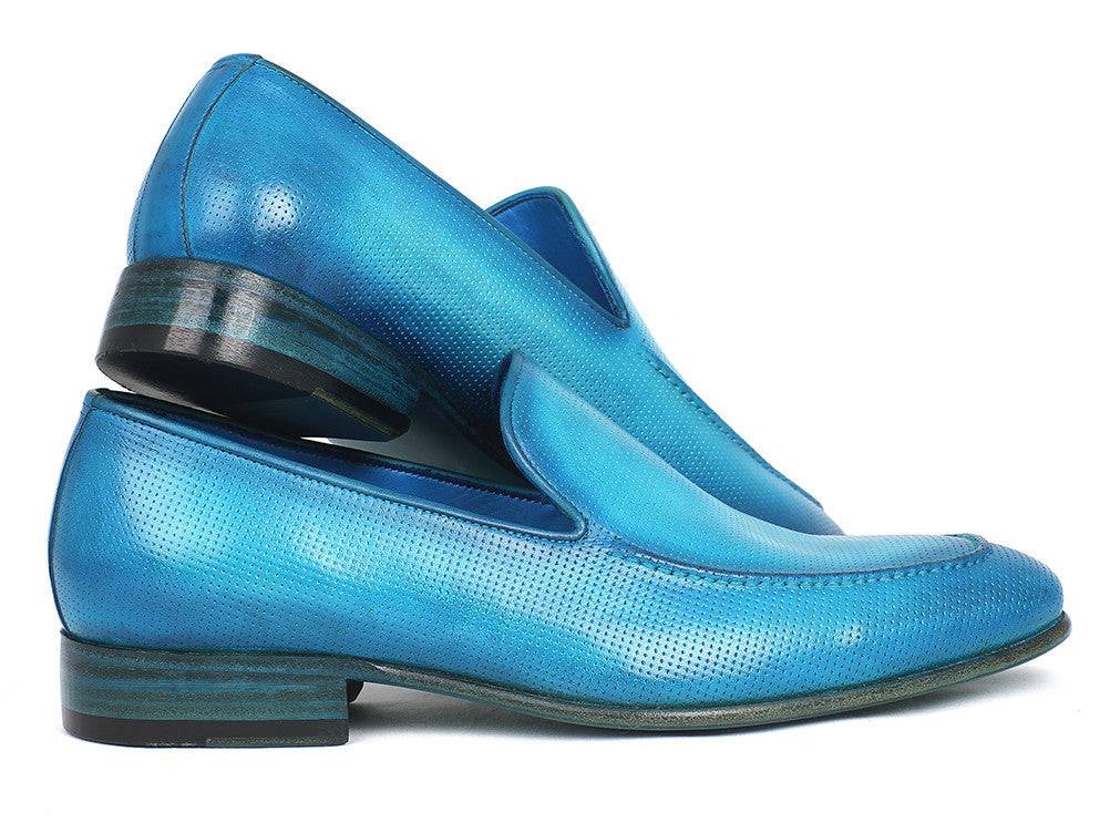 Paul Parkman Perforated Leather Loafers in vibrant turquoise with a soft leather upper and natural leather sole.