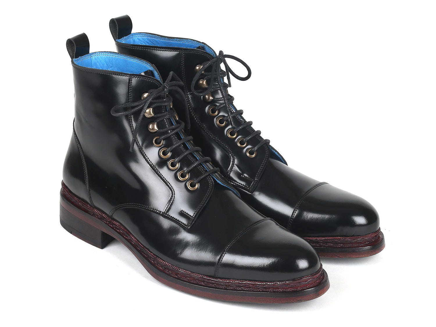 Paul Parkman Polished Leather Boots in Black featuring a cap toe design, Norwegian hand-welted construction, and unique hand-painted leather sole.