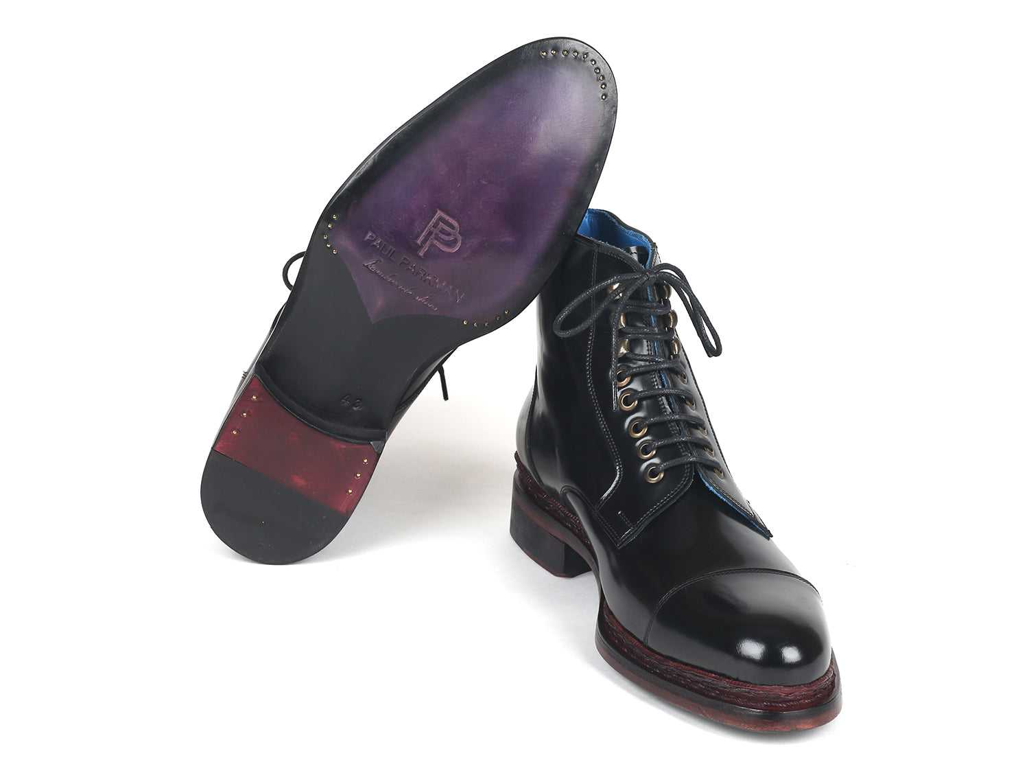 Paul Parkman Polished Leather Boots in Black featuring a cap toe design, Norwegian hand-welted construction, and unique hand-painted leather sole.