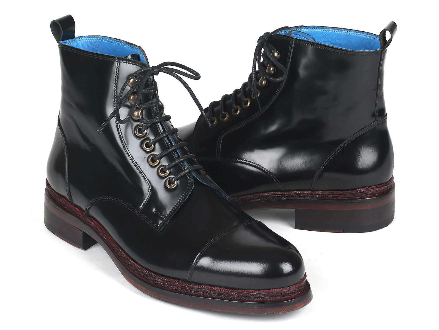 Paul Parkman Polished Leather Boots in Black featuring a cap toe design, Norwegian hand-welted construction, and unique hand-painted leather sole.