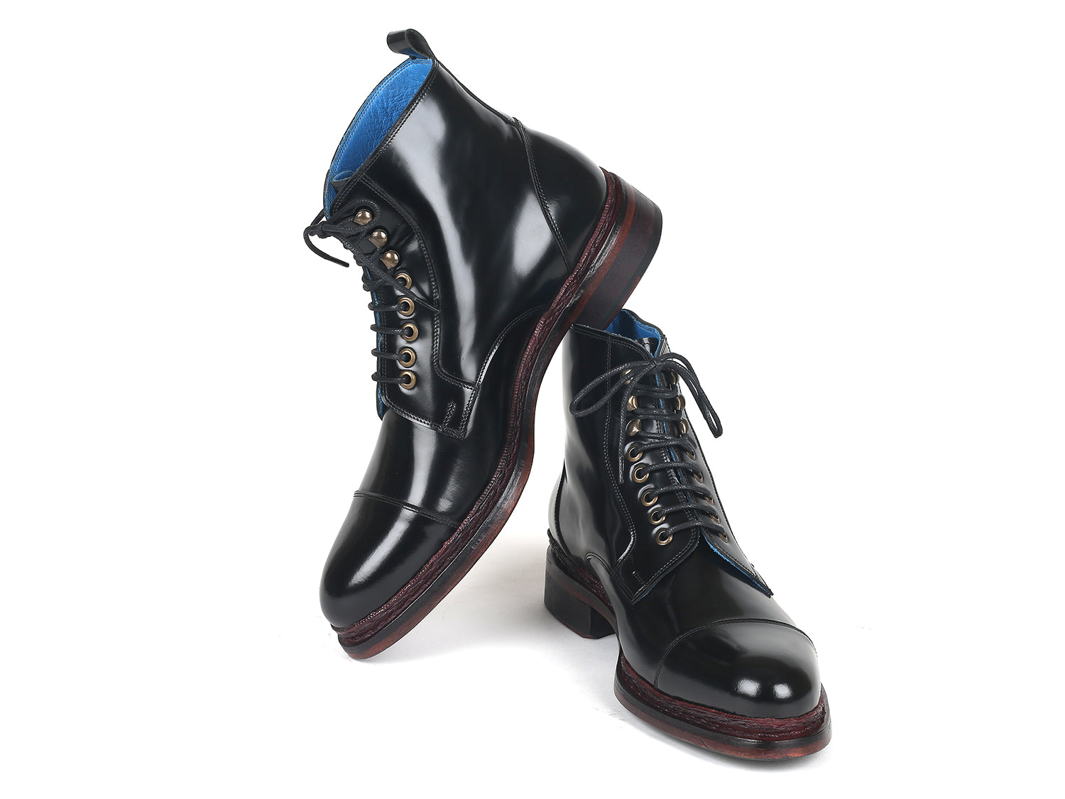 Paul Parkman Polished Leather Boots in Black featuring a cap toe design, Norwegian hand-welted construction, and unique hand-painted leather sole.